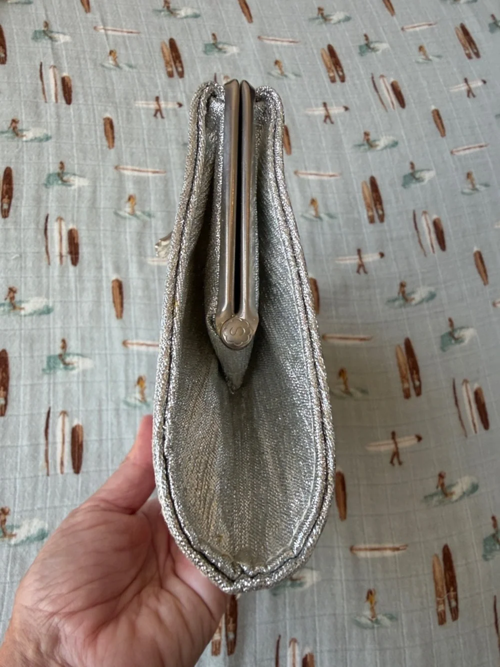 Vintage Silver Metallic Evening Clutch with Top Handle with silver clasp